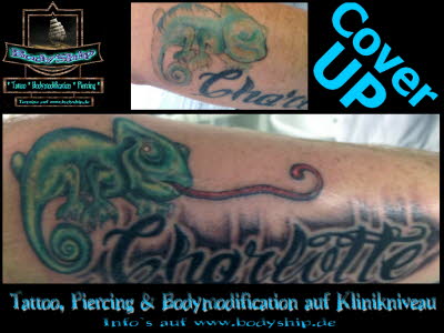 Chameleon und Schriftzug Cover Up Tattoo by Micha www